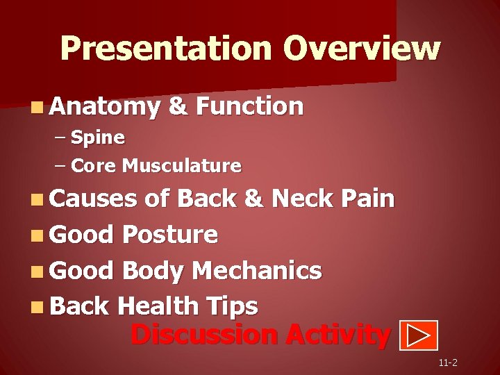 Presentation Overview n Anatomy & Function – Spine – Core Musculature n Causes of