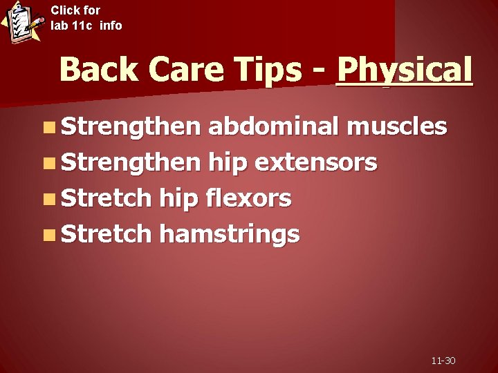 Click for lab 11 c info Back Care Tips - Physical n Strengthen abdominal