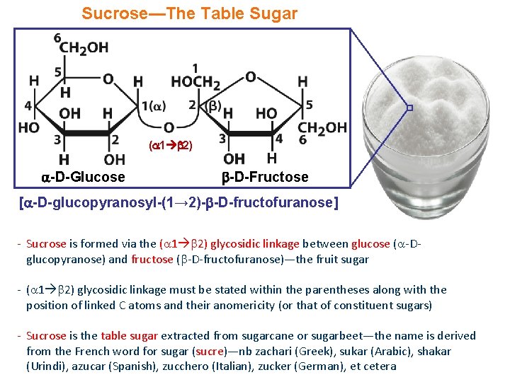 Sucrose—The Table Sugar ( 1 2) -D-Glucose -D-Fructose [ -D-glucopyranosyl-(1→ 2)- -D-fructofuranose] - Sucrose