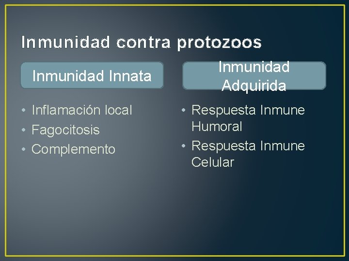 Inmunidad contra protozoos Inmunidad Innata • Inflamación local • Fagocitosis • Complemento Inmunidad Adquirida