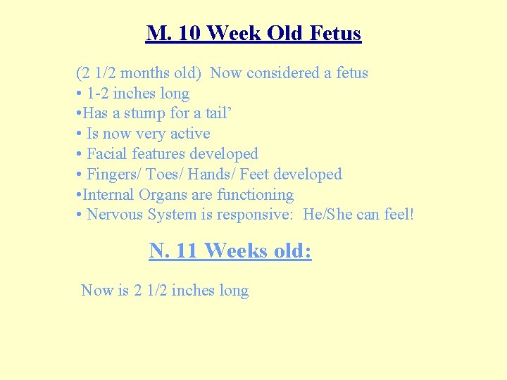 M. 10 Week Old Fetus (2 1/2 months old) Now considered a fetus •