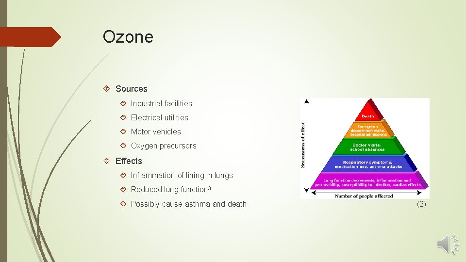 Ozone Sources Industrial facilities Electrical utilities Motor vehicles Oxygen precursors Effects Inflammation of lining