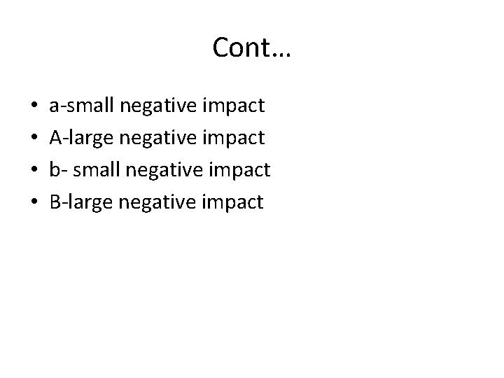 Cont… • • a-small negative impact A-large negative impact b- small negative impact B-large