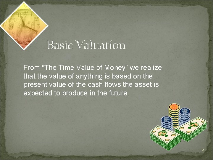 Basic Valuation From “The Time Value of Money” we realize that the value of