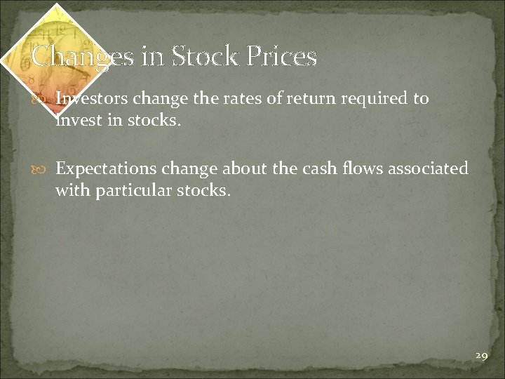 Changes in Stock Prices Investors change the rates of return required to invest in