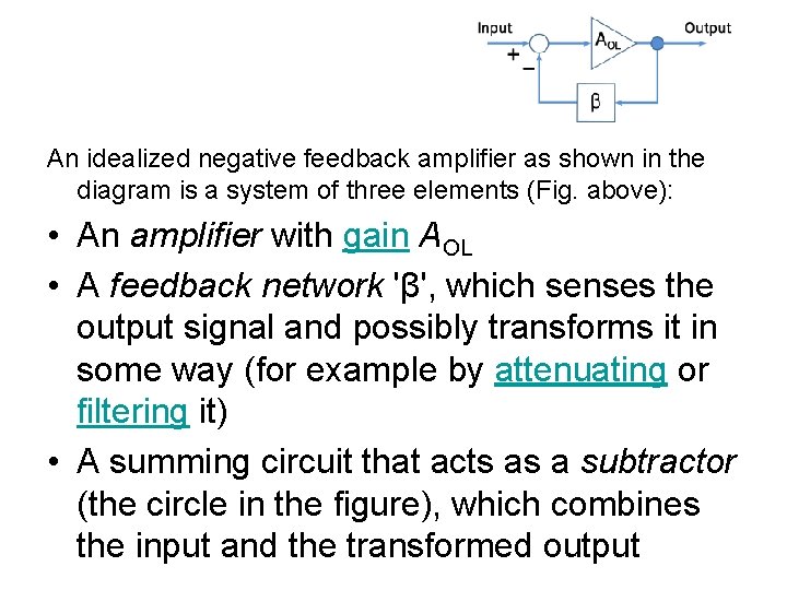 An idealized negative feedback amplifier as shown in the diagram is a system of