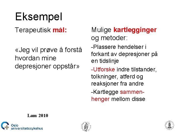 Eksempel Terapeutisk mål: Mulige kartlegginger og metoder: «Jeg vil prøve å forstå hvordan mine