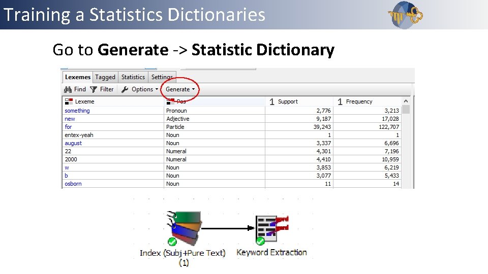 Training a Statistics Dictionaries Go to Generate -> Statistic Dictionary 