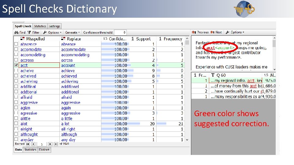 Spell Checks Dictionary Outline Green color shows suggested correction. 