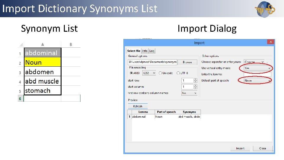 Import Dictionary Outline. Synonyms List Synonym List Import Dialog 