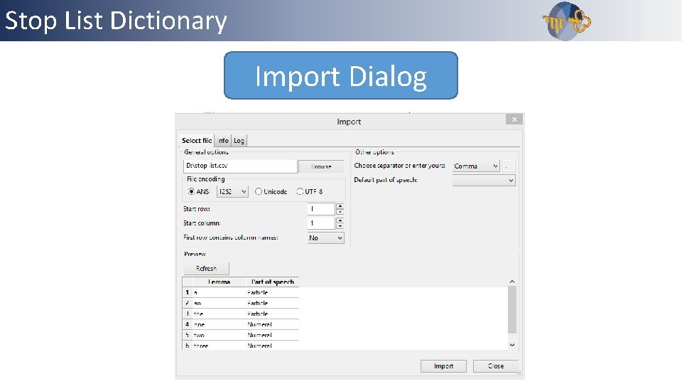 Stop List Outline Dictionary Import Dialog 