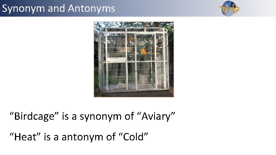 Synonym. Outline and Antonyms “Birdcage” is a synonym of “Aviary” “Heat” is a antonym