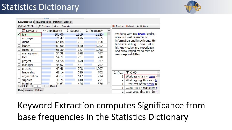 Statistics Dictionary Keyword Extraction computes Significance from base frequencies in the Statistics Dictionary 