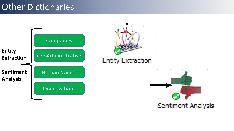 Other Dictionaries Companies Entity Extraction Geo. Administrative Sentiment Analysis Human Names Organizations 