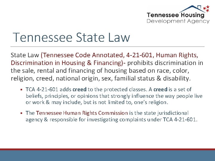 Tennessee State Law (Tennessee Code Annotated, 4 -21 -601, Human Rights, Discrimination in Housing