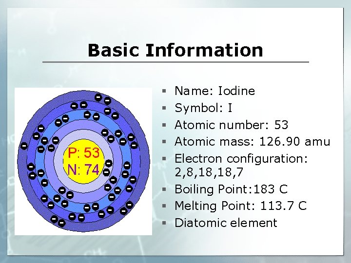 Basic Information Name: Iodine Symbol: I Atomic number: 53 Atomic mass: 126. 90 amu