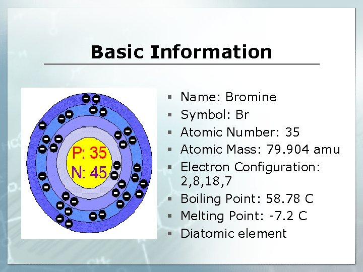 Basic Information Name: Bromine Symbol: Br Atomic Number: 35 Atomic Mass: 79. 904 amu