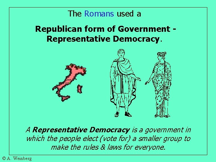 The Romans used a Republican form of Government Representative Democracy. A Representative Democracy is