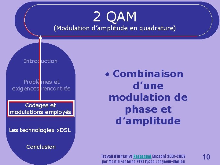 2 QAM (Modulation d’amplitude en quadrature) Introduction Problèmes et exigences rencontrés Codages et modulations
