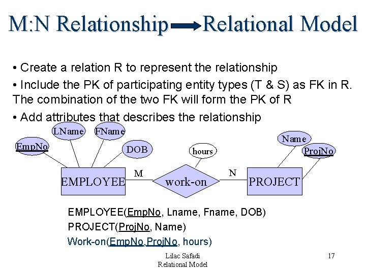 M: N Relationship Relational Model • Create a relation R to represent the relationship M: N Relationship Relational Model • Create a relation R to represent the relationship