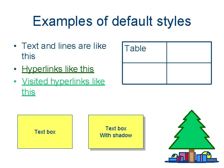 Examples of default styles • Text and lines are like this • Hyperlinks like