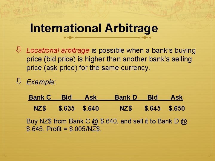 International Arbitrage Locational arbitrage is possible when a bank’s buying price (bid price) is