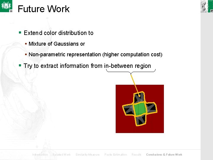 Future Work § Extend color distribution to § Mixture of Gaussians or § Non-parametric