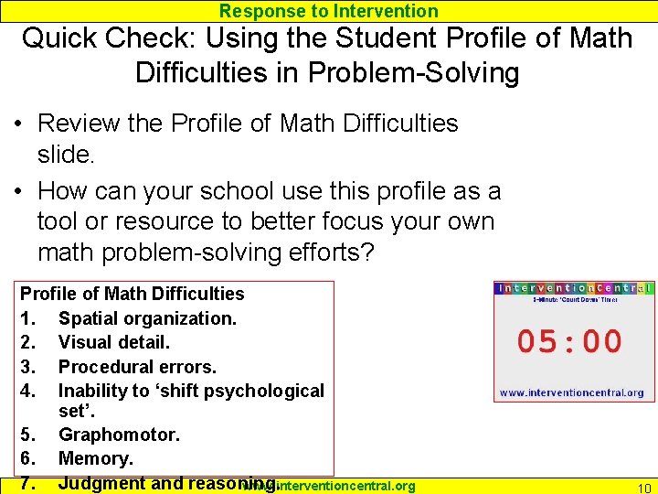 Response to Intervention Quick Check: Using the Student Profile of Math Difficulties in Problem-Solving