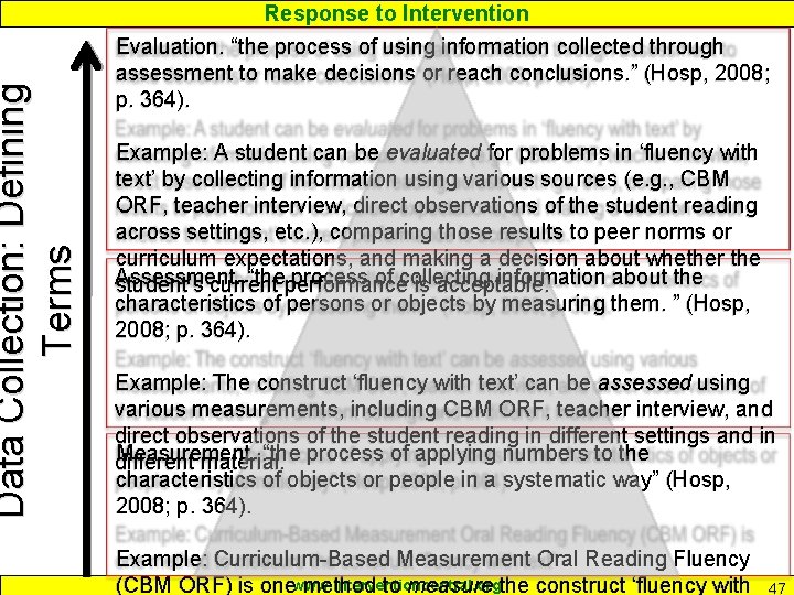 Data Collection: Defining Terms Response to Intervention Evaluation. “the process of using information collected