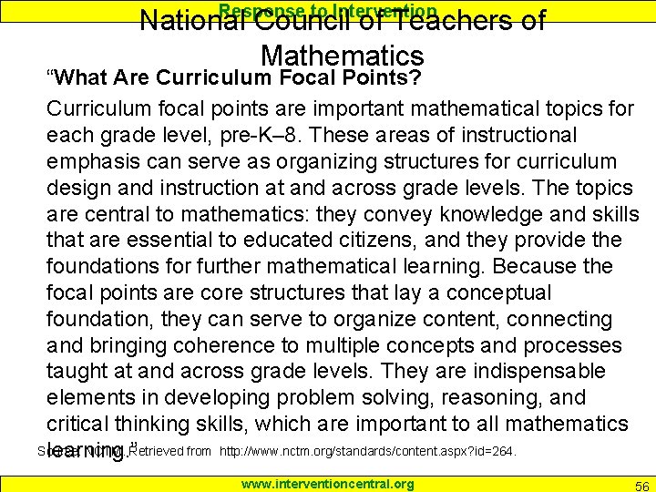 Response to Intervention National Council of Teachers of Mathematics “What Are Curriculum Focal Points?