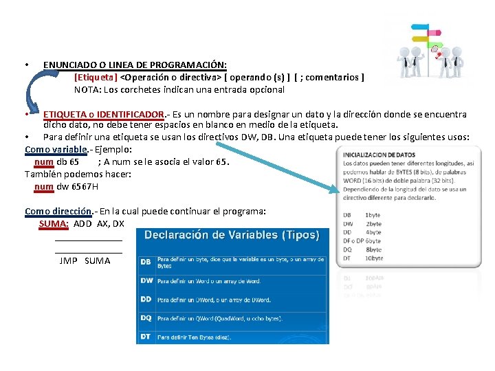  • ENUNCIADO O LINEA DE PROGRAMACIÓN: [Etiqueta] <Operación o directiva> [ operando (s)