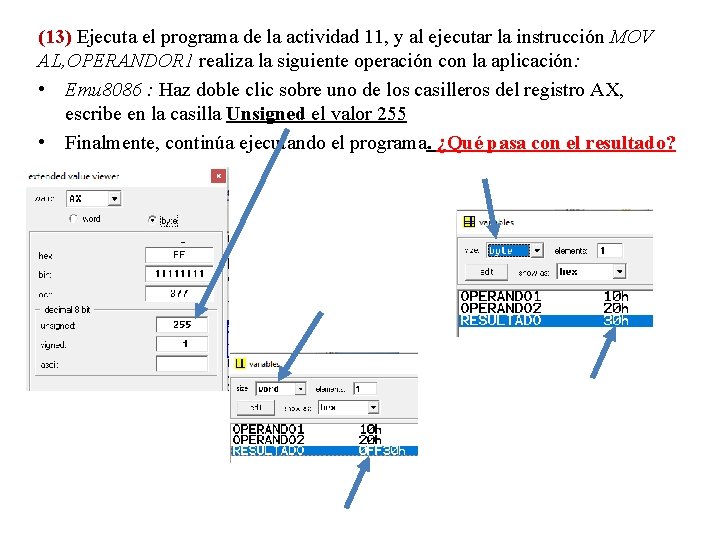 (13) Ejecuta el programa de la actividad 11, y al ejecutar la instrucción MOV