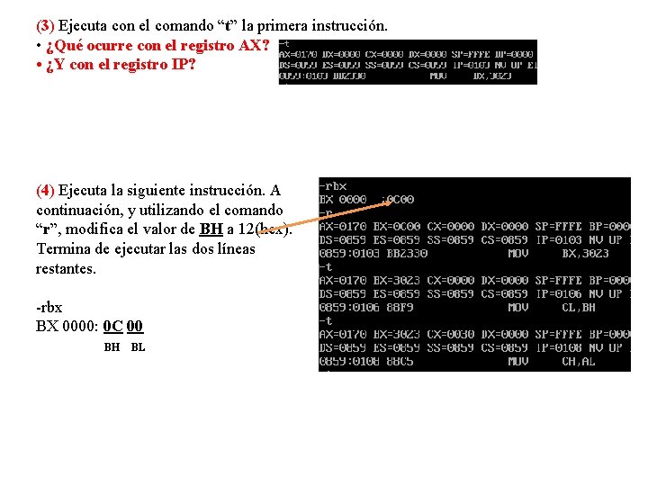 (3) Ejecuta con el comando “t” la primera instrucción. • ¿Qué ocurre con el