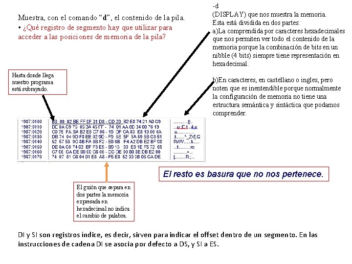 Muestra, con el comando “d”, el contenido de la pila. • ¿Qué registro de