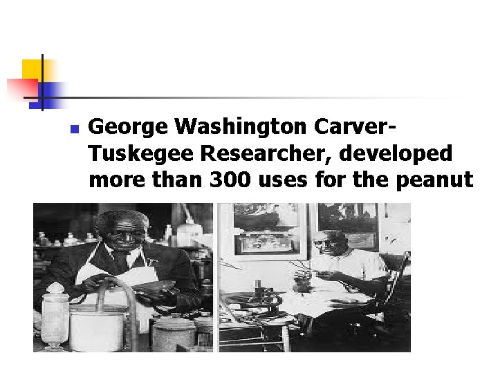 n George Washington Carver. Tuskegee Researcher, developed more than 300 uses for the peanut