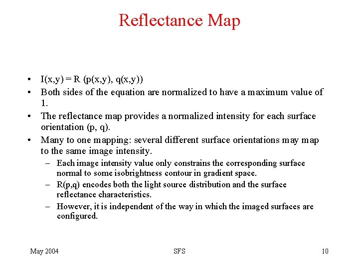 Reflectance Map • I(x, y) = R (p(x, y), q(x, y)) • Both sides