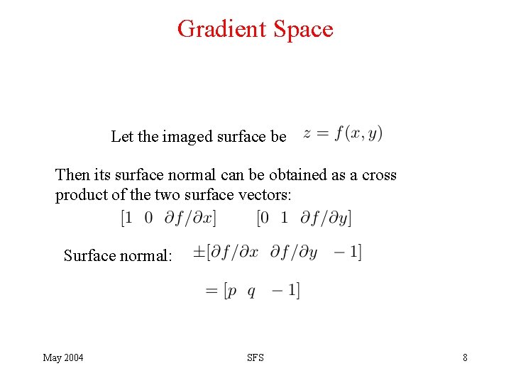 Gradient Space Let the imaged surface be Then its surface normal can be obtained