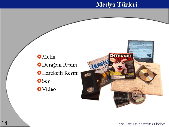 Medya Türleri £Metin £Durağan Resim £Hareketli Resim £Ses £Video 18 Yrd. Doç. Dr. Yasemin