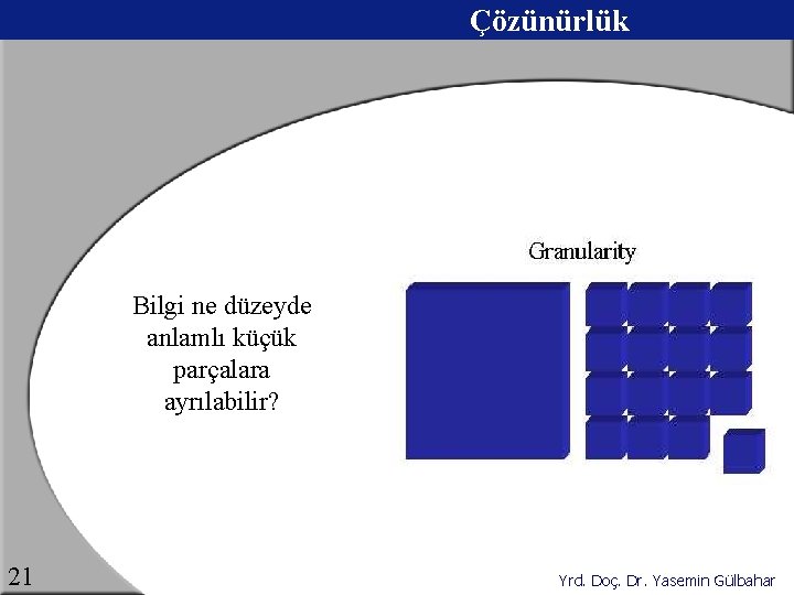 Çözünürlük Bilgi ne düzeyde anlamlı küçük parçalara ayrılabilir? 21 Yrd. Doç. Dr. Yasemin Gülbahar