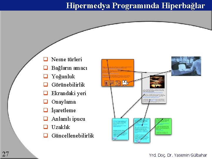 Hipermedya Programında Hiperbağlar q q q q q 27 Nesne türleri Bağların amacı Yoğunluk