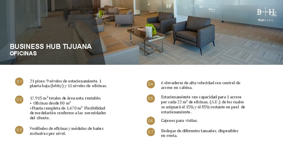BUSINESS HUB TIJUANA OFICINAS 01 21 pisos: 9 niveles de estacionamiento, 1 planta baja