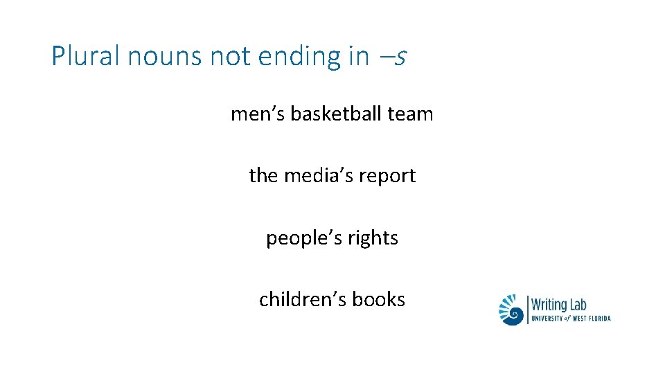 Plural nouns not ending in –s men’s basketball team the media’s report people’s rights