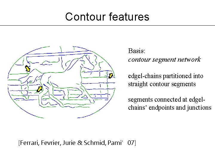 Contour features Basis: contour segment network edgel-chains partitioned into straight contour segments connected at