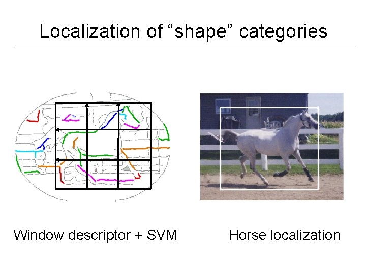 Localization of “shape” categories Window descriptor + SVM Horse localization 