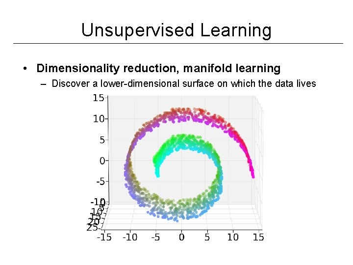 Unsupervised Learning • Dimensionality reduction, manifold learning – Discover a lower-dimensional surface on which