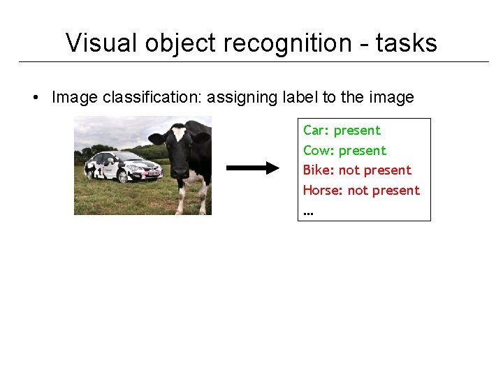 Visual object recognition - tasks • Image classification: assigning label to the image Car: