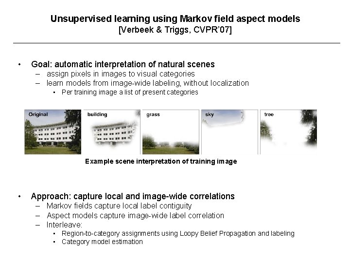 Unsupervised learning using Markov field aspect models [Verbeek & Triggs, CVPR’ 07] • Goal: