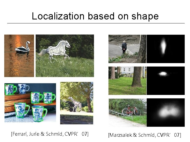 Localization based on shape [Ferrari, Jurie & Schmid, CVPR’ 07] [Marzsalek & Schmid, CVPR’