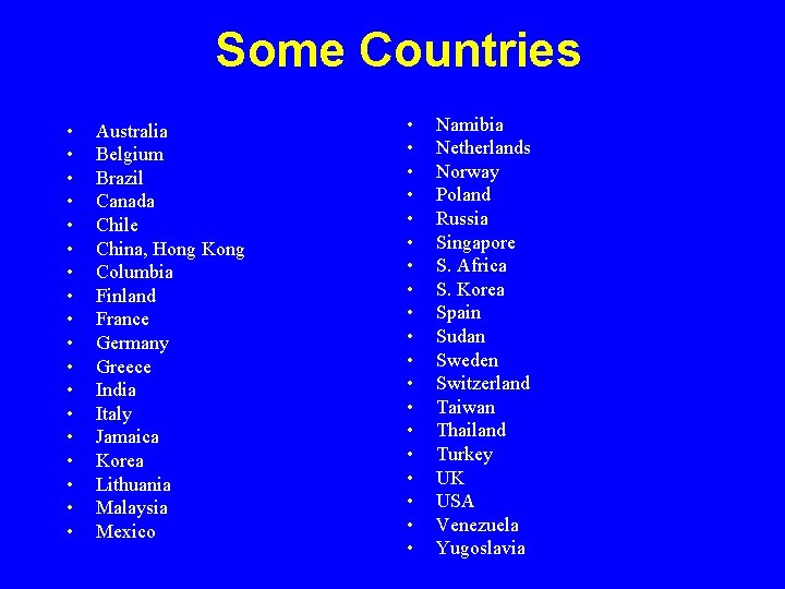 Some Countries • • • • • Australia Belgium Brazil Canada Chile China, Hong