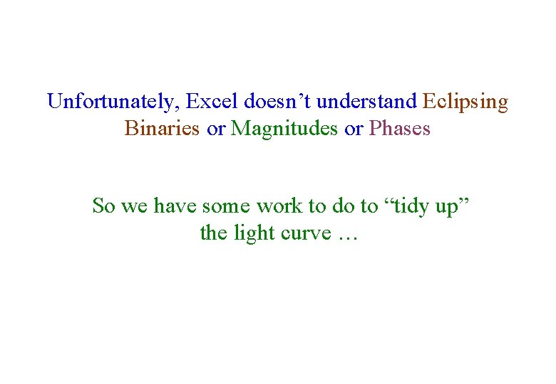 Unfortunately, Excel doesn’t understand Eclipsing Binaries or Magnitudes or Phases So we have some